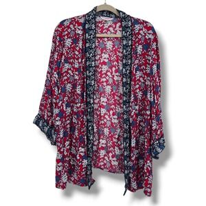Allison Daley Plus Red Navy Floral Kimono Cardigan Pom Pom Trim One Size Plus